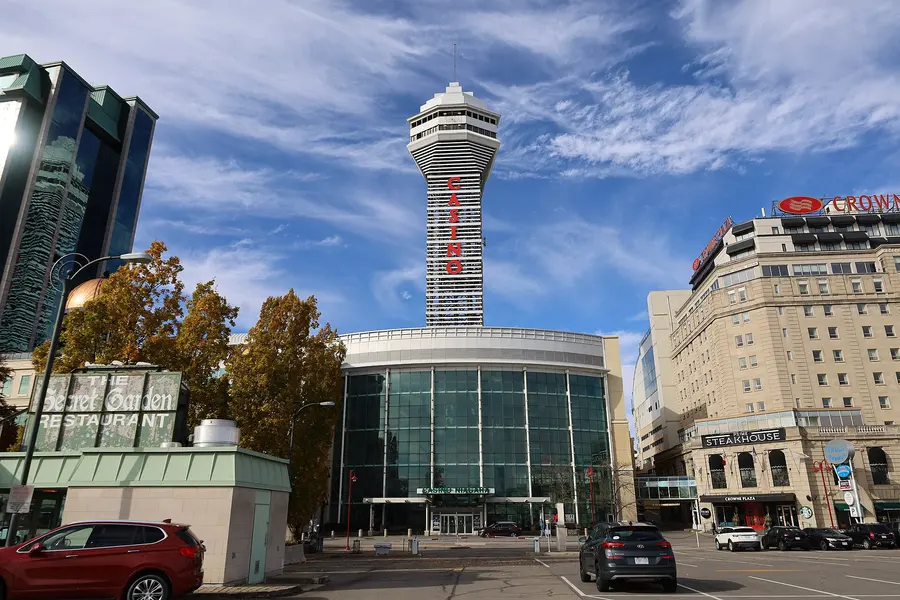 Casino Niagara on Falls Avenue: a round glass entrance building under a tall tower lettered CASINO